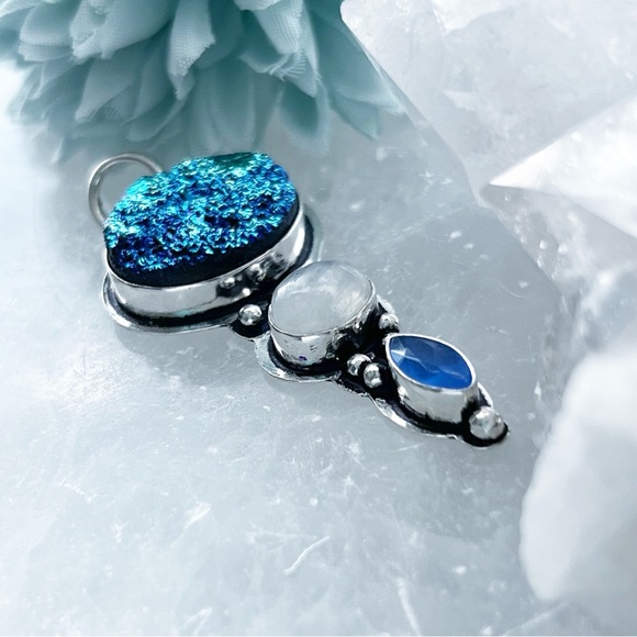 Sterling Silver 925 Long Titanium Druzy Rainbow Moonstone Chalcedony Pendant l - Picture 2 of 6